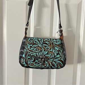 Patricia Nash Lucia Embossed Tooled Leather Turquoise Crossbody Handbag NWT $179